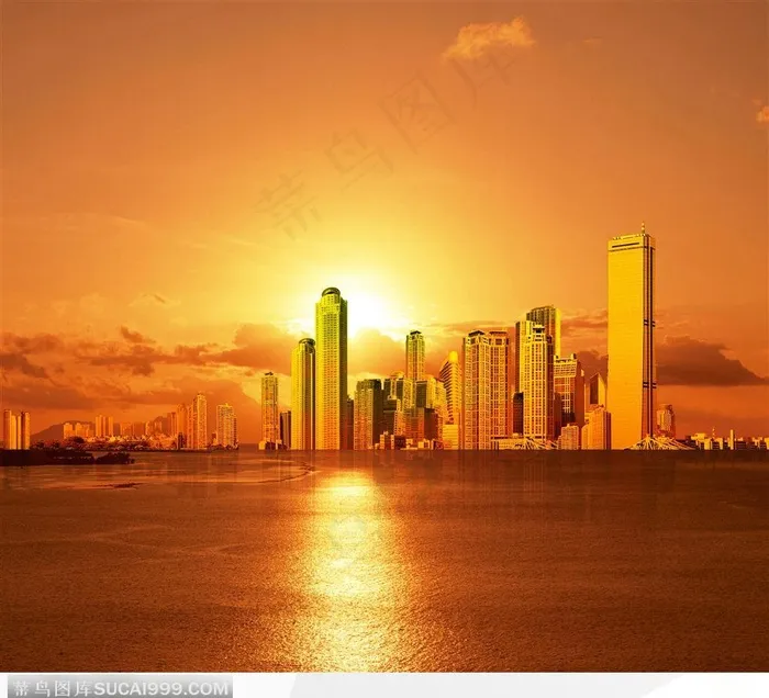 城市摄影设计图-金色天空与水的城市设计图素材