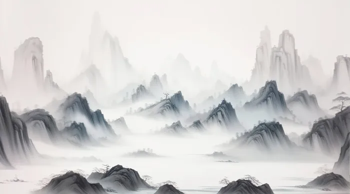 大气写意中国传统水墨画山水插画壁纸蓬莱