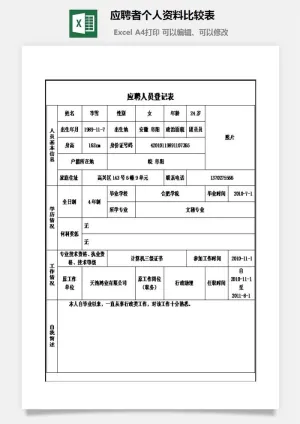 应聘者个人资料比较表excel模板预览图