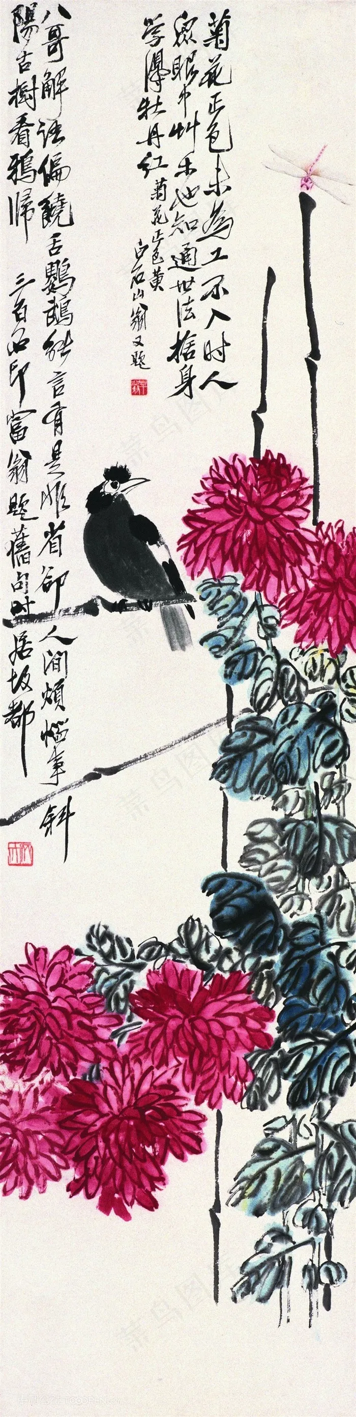 齐白石菊花和鸟国画图片