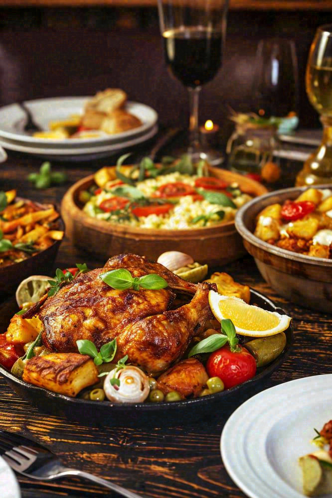 美食餐桌餐厅，烤肉披萨西餐水果红酒摄影图