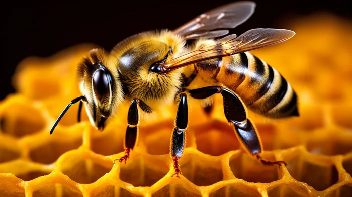 蜂蜜蜜蜂蜂巢细节特写摄影图