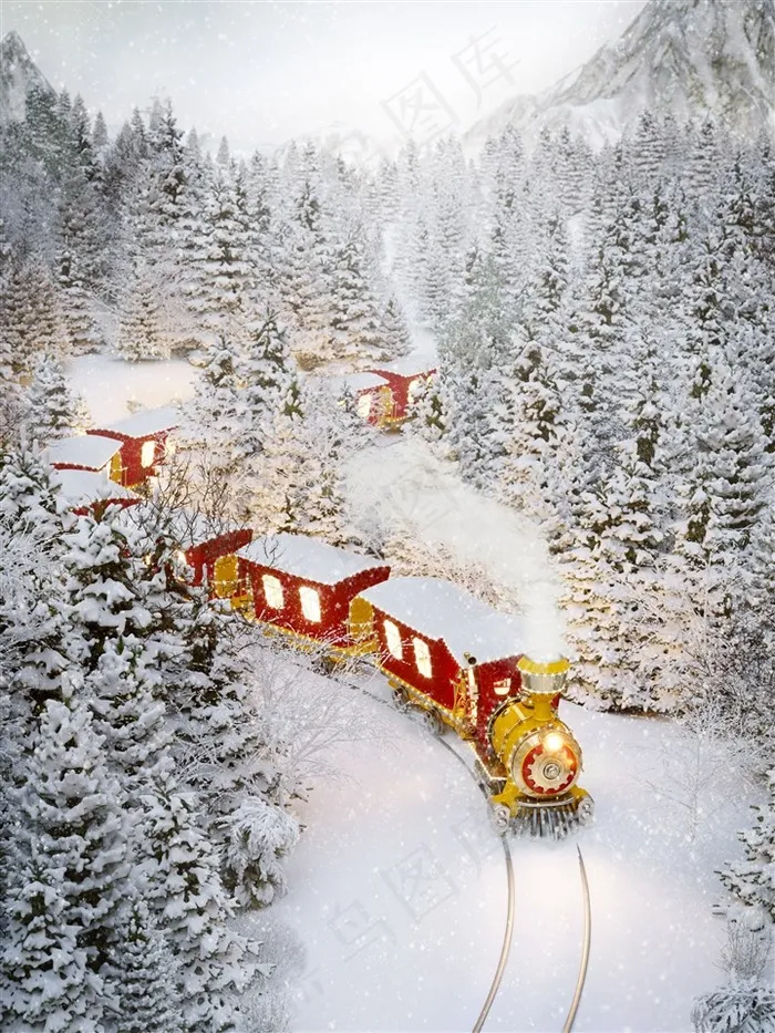 从松树林中穿过的圣诞火车高清图