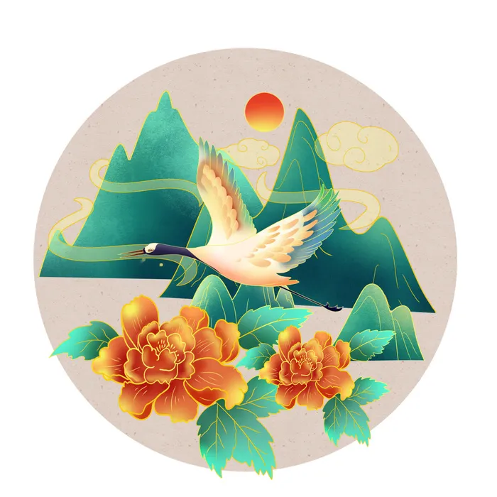 中国风国潮仙鹤山水插画手绘元素场景psd设计素材psd模版下载