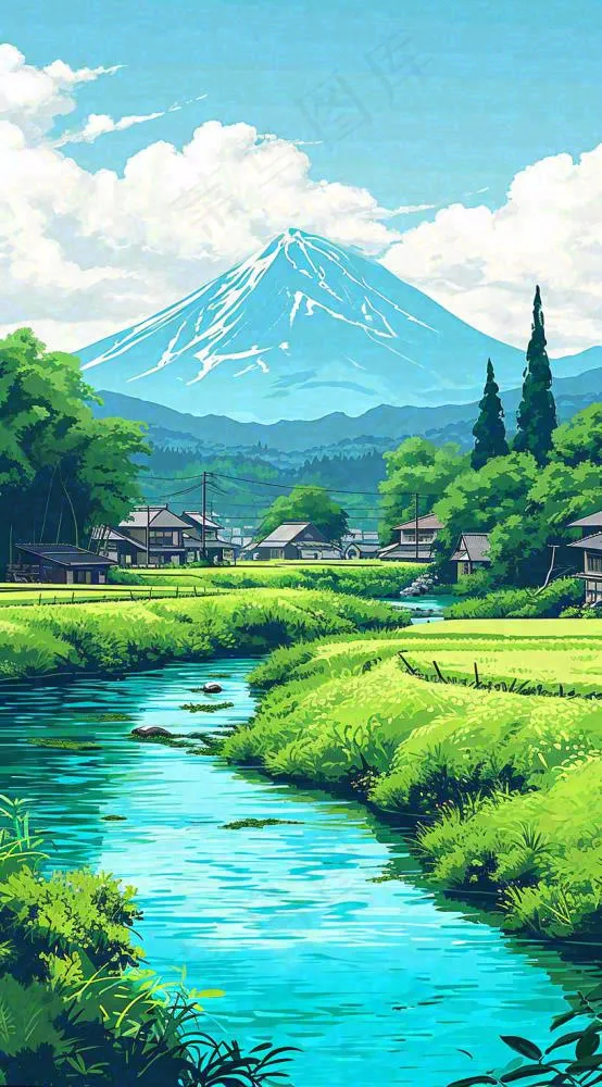 日本卡通绿色手绘乡村田野春天稻田