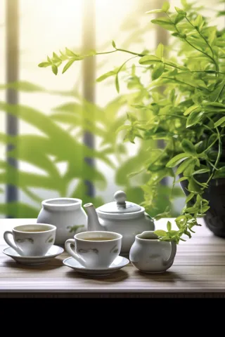餐桌上的咖啡杯下午茶绿植阳光光影摄影图
