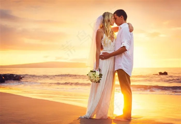 金色沙滩的新娘新郎