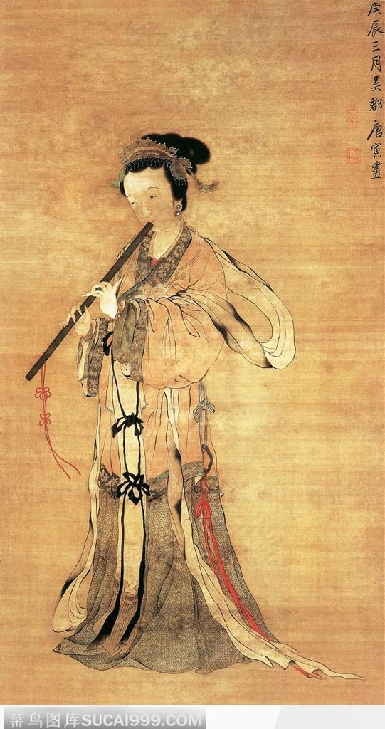 中国国画之人物-吹笛的古代美女 - 菜鸟图库