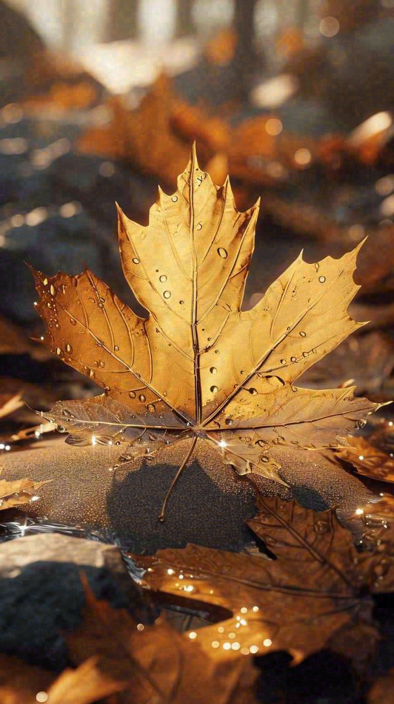 秋天黄色秋叶落叶雨天特写故事感，秋分立秋摄影图