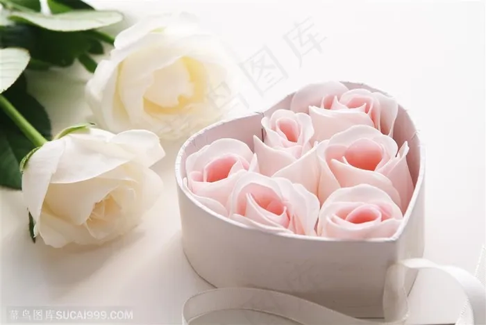 黄玫瑰和白色心形盒子里的粉玫瑰