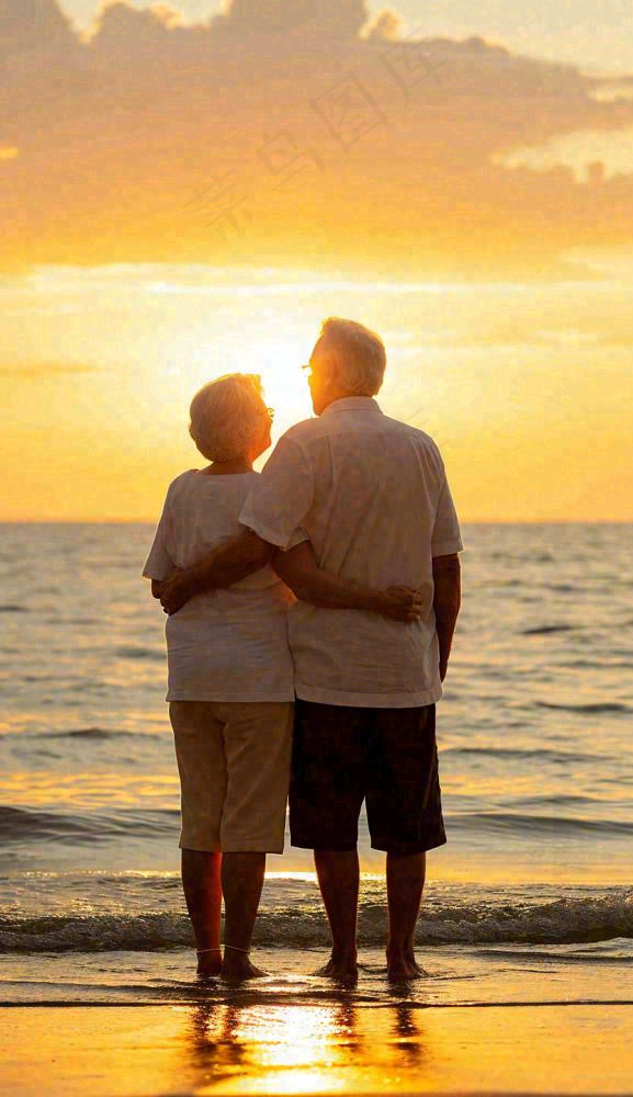 落日下老年人父母陪伴爱情，情人节温馨浪漫摄影图