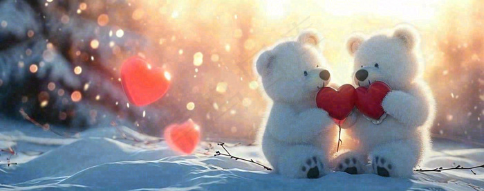 冬天雪地落日下爱情小熊，浪漫雪花情人节520爱情气球摄影图