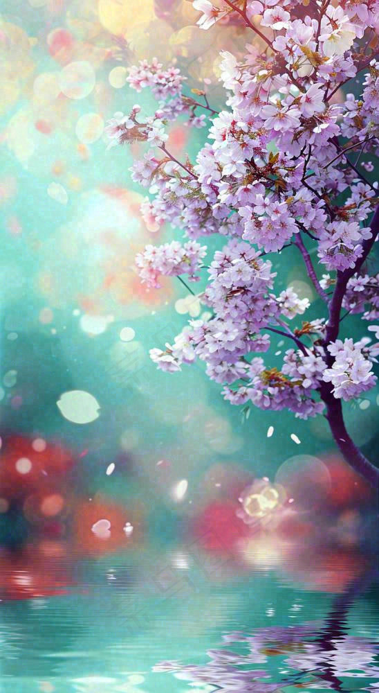 春天枝条上开满花朵，春分摄影图