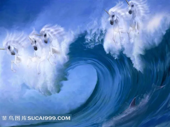 海浪中奔驰的白色骏马插画