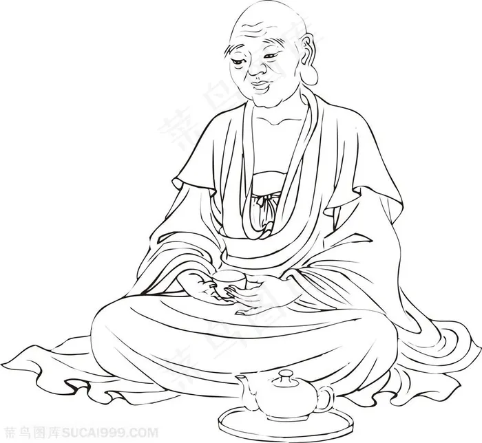 喝茶沉思的僧人手绘线描108罗汉矢量PNG绘画图片