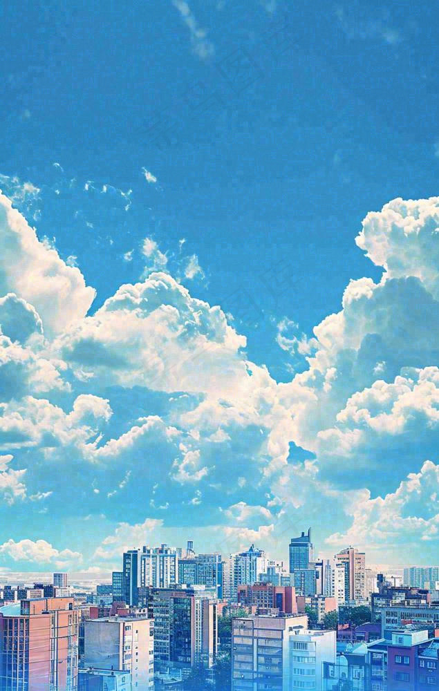 城市建筑倒影蓝天白云摄影图