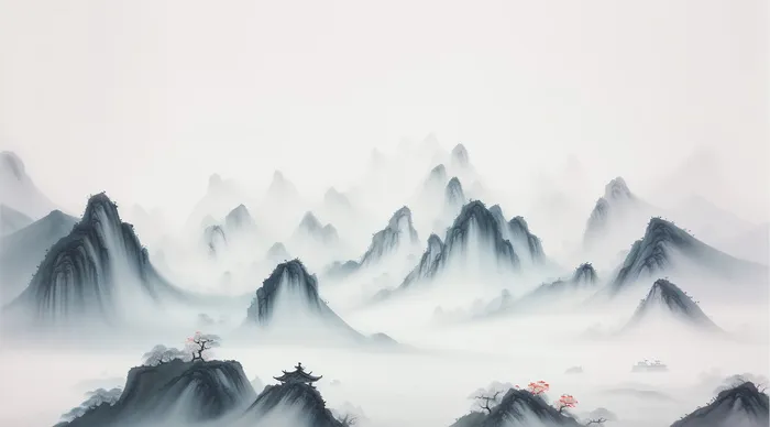 大气写意中国传统水墨画山水插画壁纸-云海