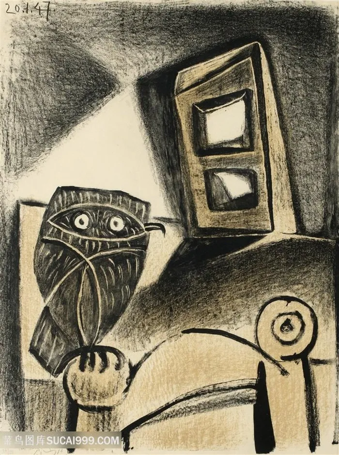 毕加索手绘猫头鹰室内装饰画
