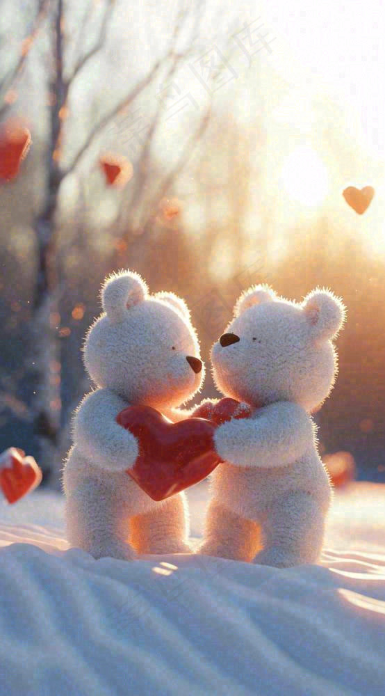 冬天雪地可爱小熊爱情情侣温馨，情人节520爱心摄影图