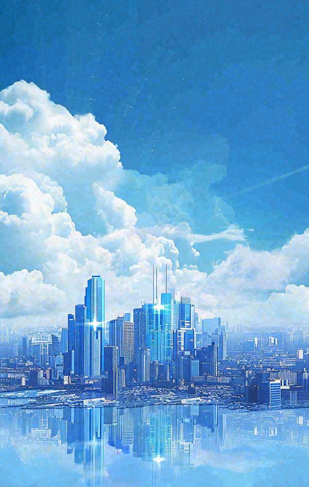 城市建筑倒影蓝天白云摄影图