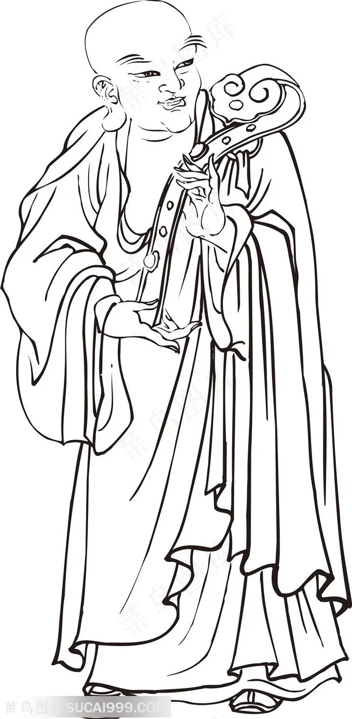 手托玉如意的僧人手绘线描108罗汉矢量绘画图片