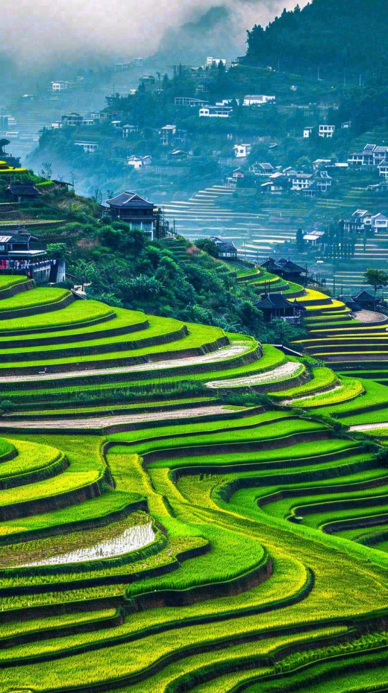 春天唯美绿色梯田种植，乡村小屋，谷雨摄影图