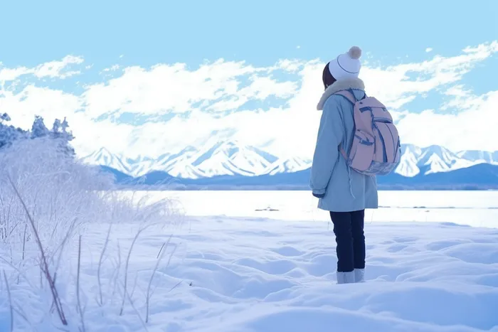 冬天一个女生背包走在山林里雪景摄影图