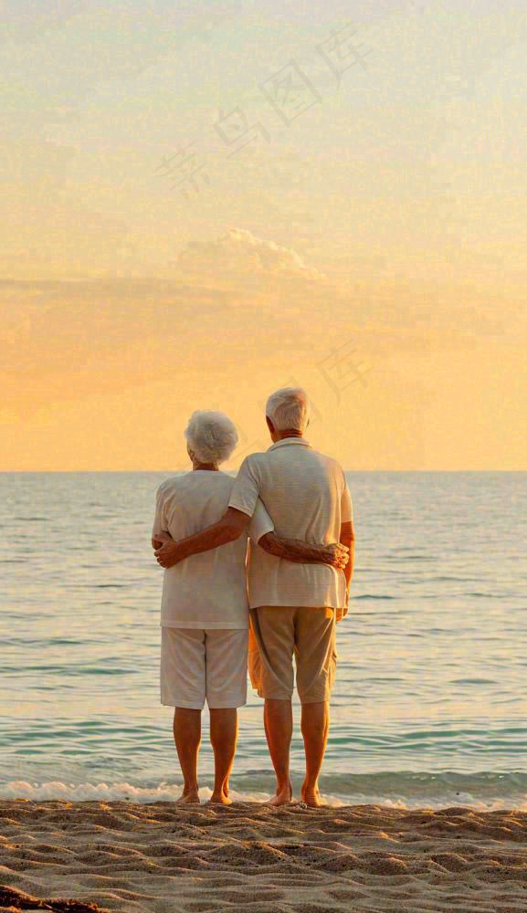 落日下老年人父母陪伴爱情，情人节温馨浪漫摄影图