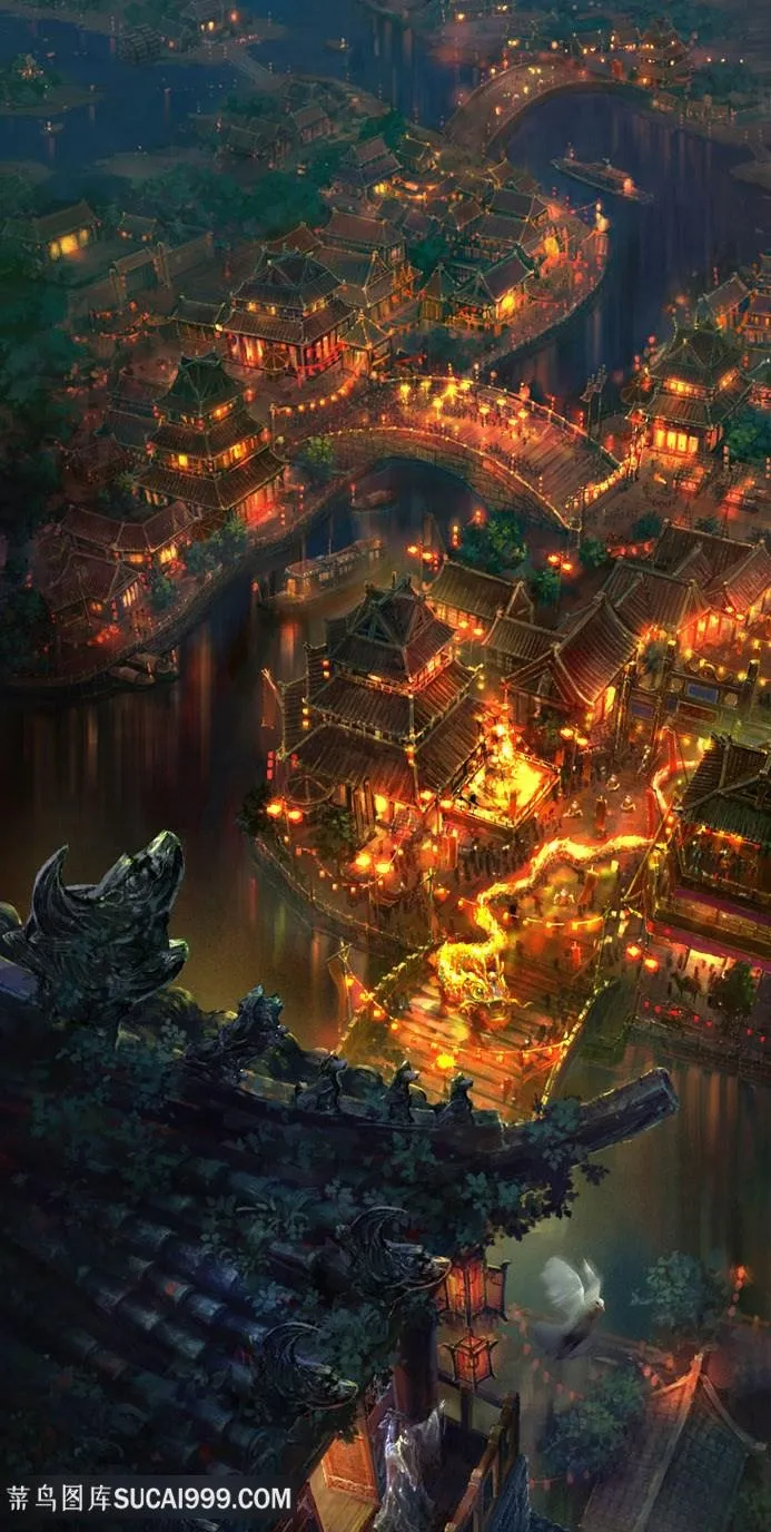灯火通明的城市中国风CG原画绘画图片