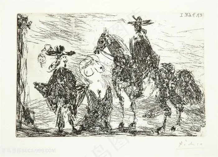 毕加索素描骑马郊游风景画插画