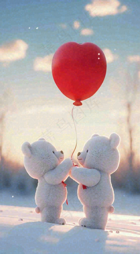 冬天爱心气球小熊浪漫情人节情人温馨，冬至小雪大雪摄影图