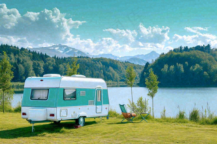 野外露营湖边停着一辆房车，野餐，春游摄影图