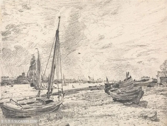 康斯坦布尔手绘素描岸边船风景画