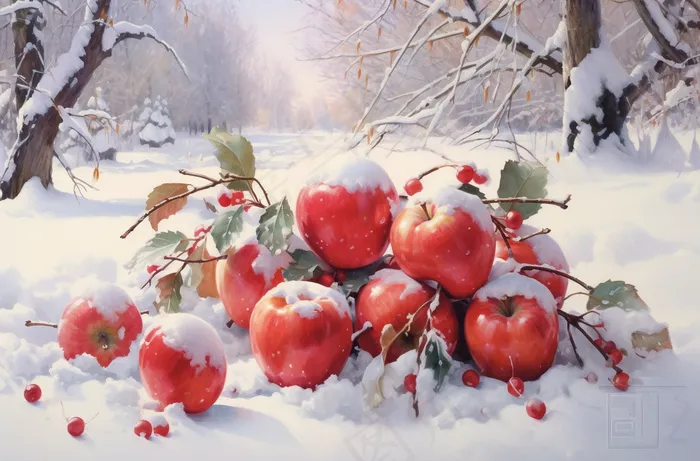 雪地里的红苹果卡通插画素材
