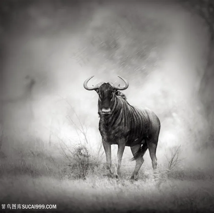 草地上的水牛黑白特写高清图片