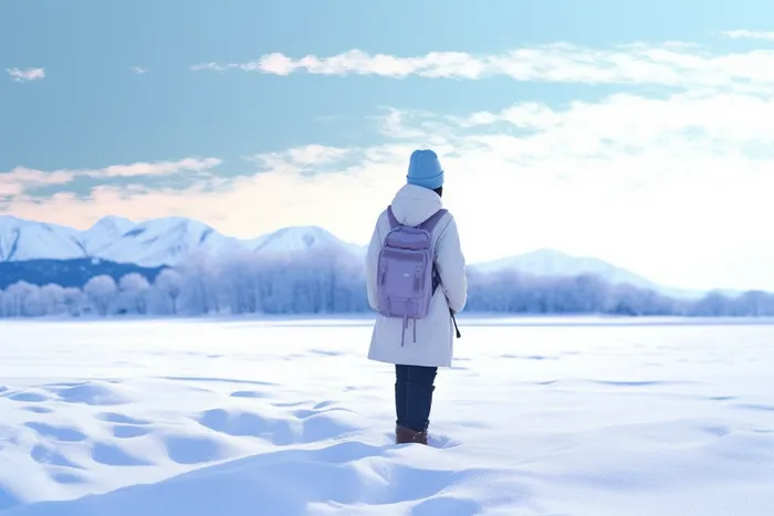 冬天一个女生背包走在山林里雪景摄影图