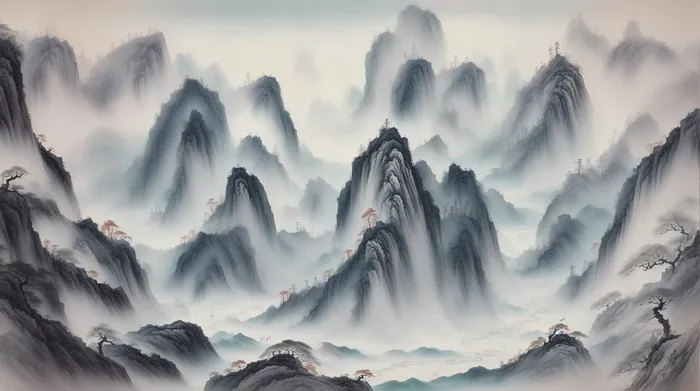 大气写意中国传统工笔画山水插画壁纸-云顶之巅