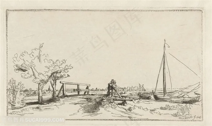 伦勃朗素描线稿船湖畔风景画