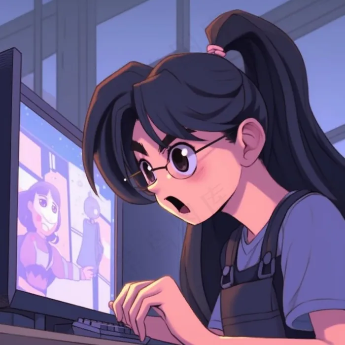 动漫女电脑前的少女头像插画素材背景