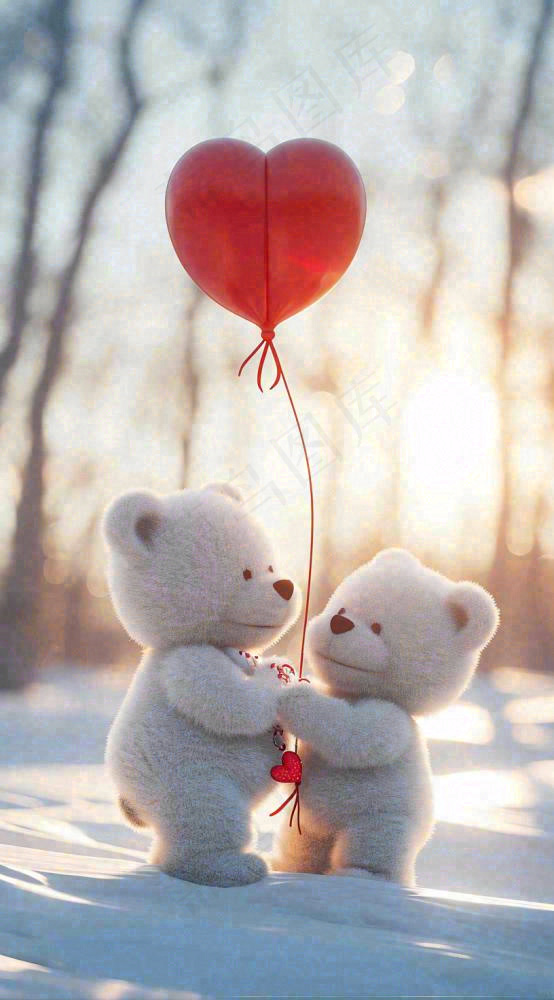 冬天爱心气球小熊浪漫情人节情人温馨，冬至小雪大雪摄影图