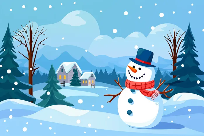 冬季森林的雪人和小木屋卡通插画背景