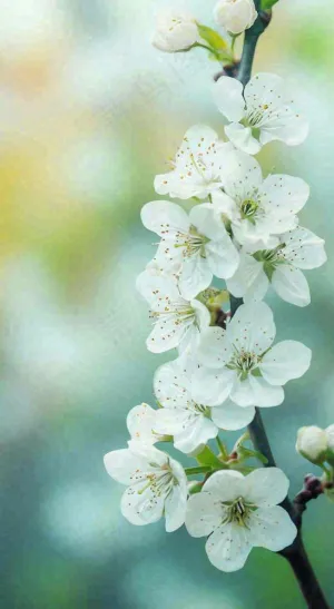 春天白色的樱花花朵和嫩芽开满枝头立春，春分摄影图