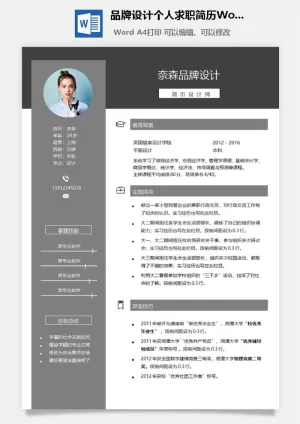 品牌设计个人求职简历Word模板预览图
