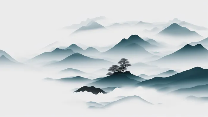 大气写意中国传统水墨画山水插画壁纸-万岭