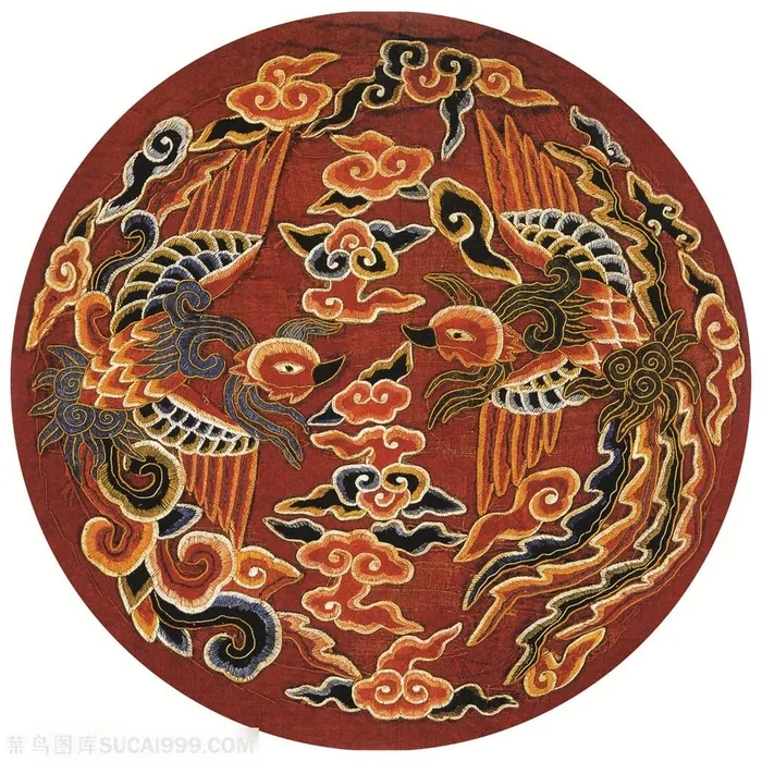 圆形图案古代龙凤刺绣中国风图片