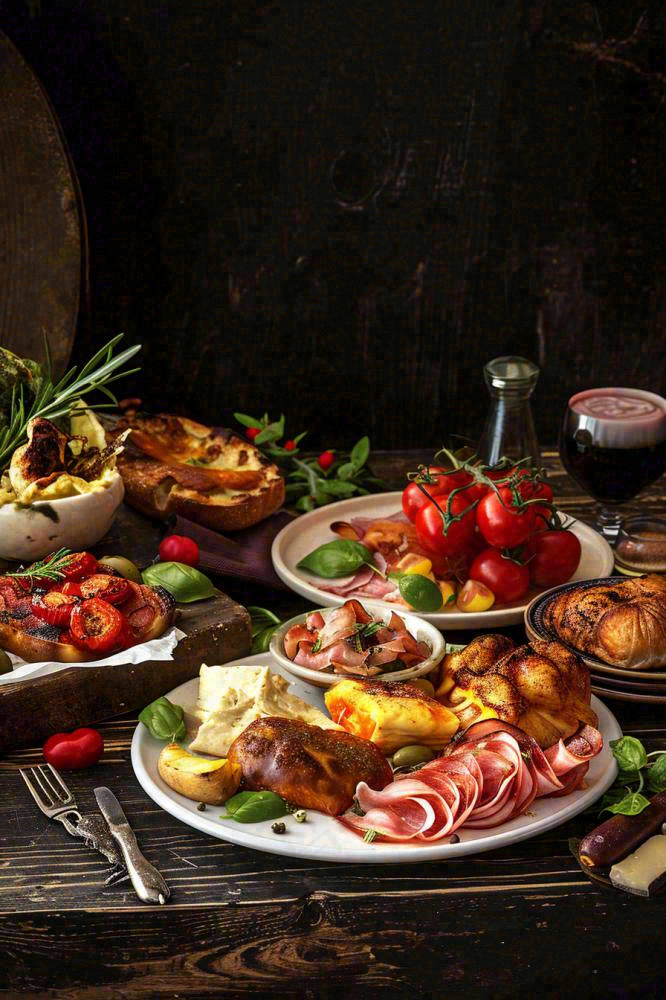 美食餐桌餐厅，烤肉披萨西餐水果红酒摄影图