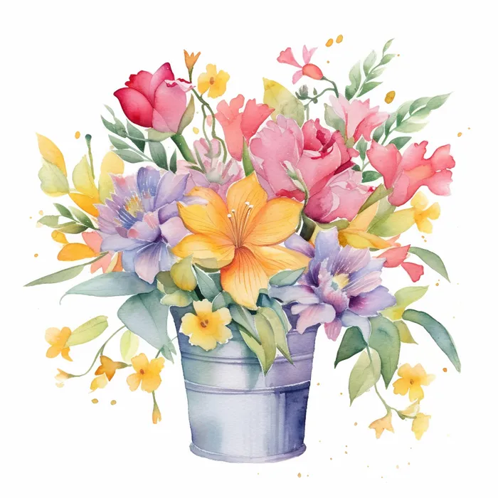 铁桶装的花束鲜花彩色水彩画插画