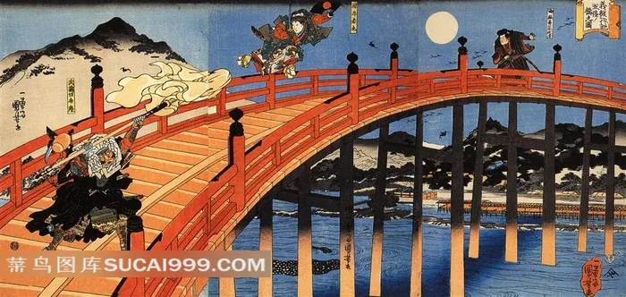 日本浮世绘武士桥上图片