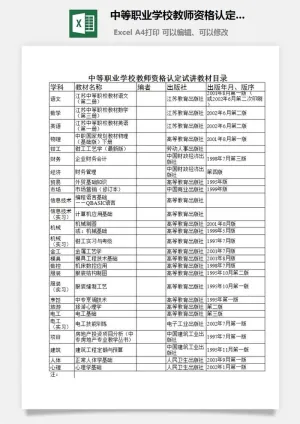 中等职业学校教师资格认定试讲教材目录excel模板预览图