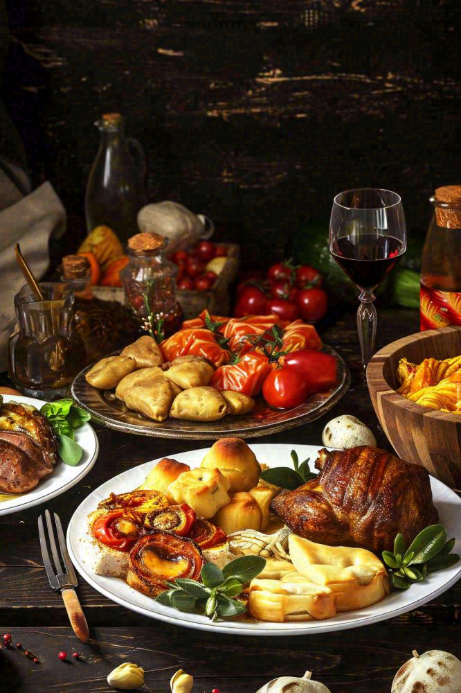 美食餐桌餐厅，烤肉披萨西餐水果红酒摄影图